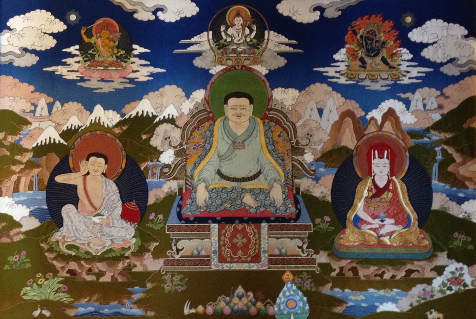 Marpa, Milarepa, Gampopa thangka at Amitabha Foundation Retreat Center, Nepal